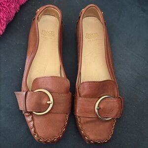 Frances Valentine Tan Leather Loafers with Gold Buckle